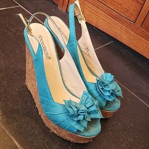 Shoedazzle Bess blue peeptoe cork wedge
